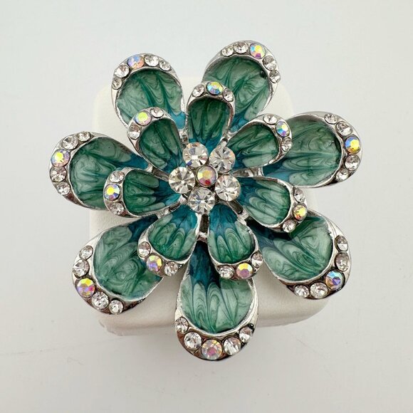 Shimmering Blue Green Peacock Crystal Flower Brooch - Picture 4 of 7